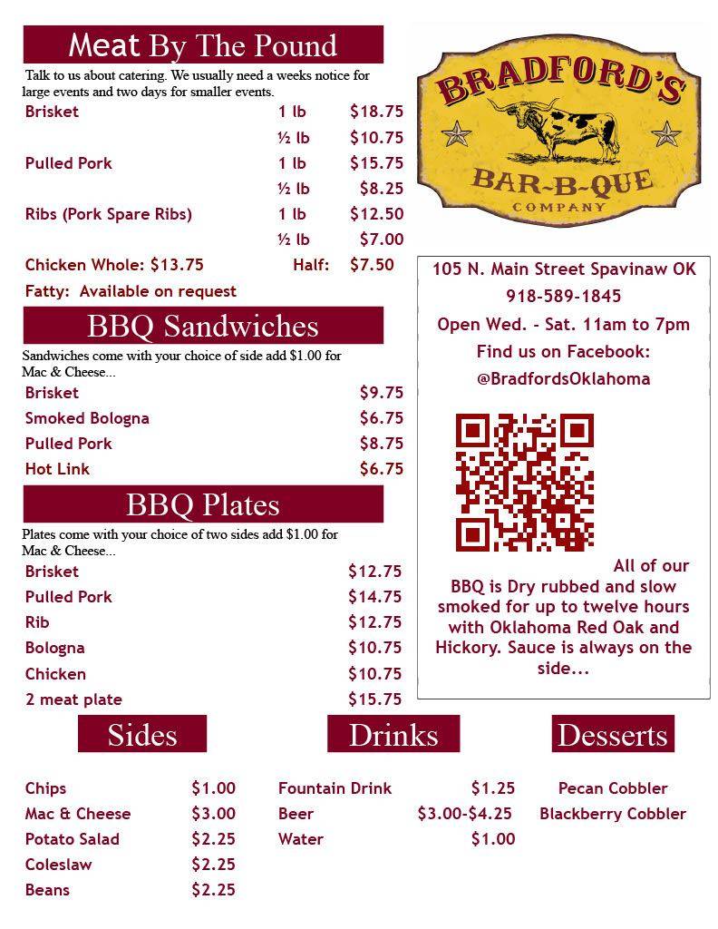 Menu at Bradford's Bar-B-Que, Spavinaw