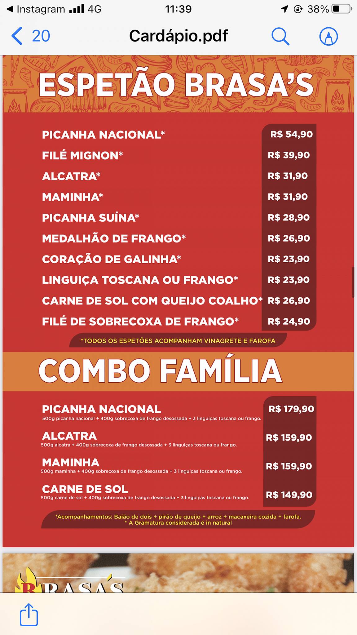 Brasa's Food - Zona Norte cardápio