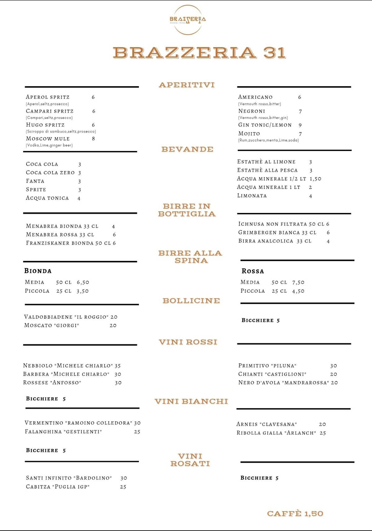 Menu di Brazzeria 31 - Pizzeria e Brasserie a Ventimiglia 