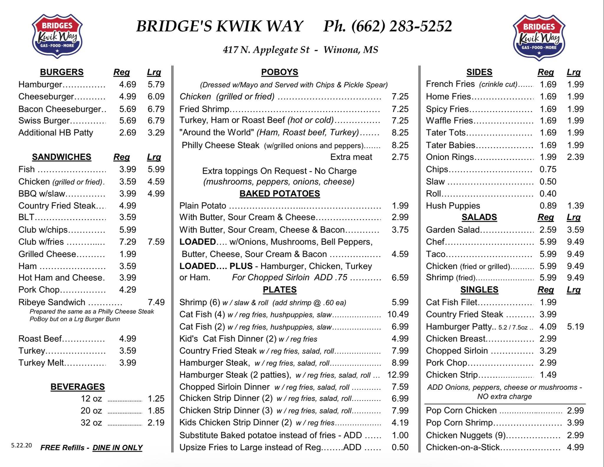 Menu at Bridges Kwik Way Winona MS restaurant, Winona