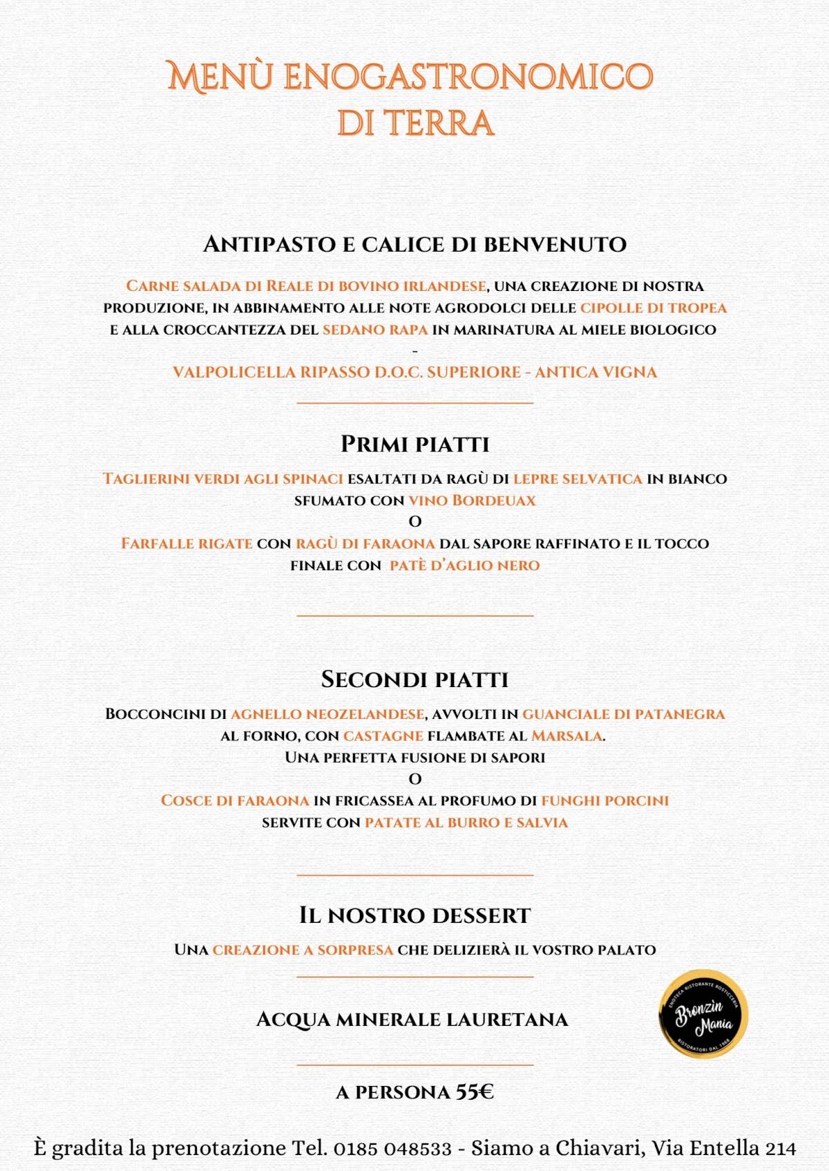 Menu di Bronzin Mania Ristorante Enoteca,siamo a Chiavari 