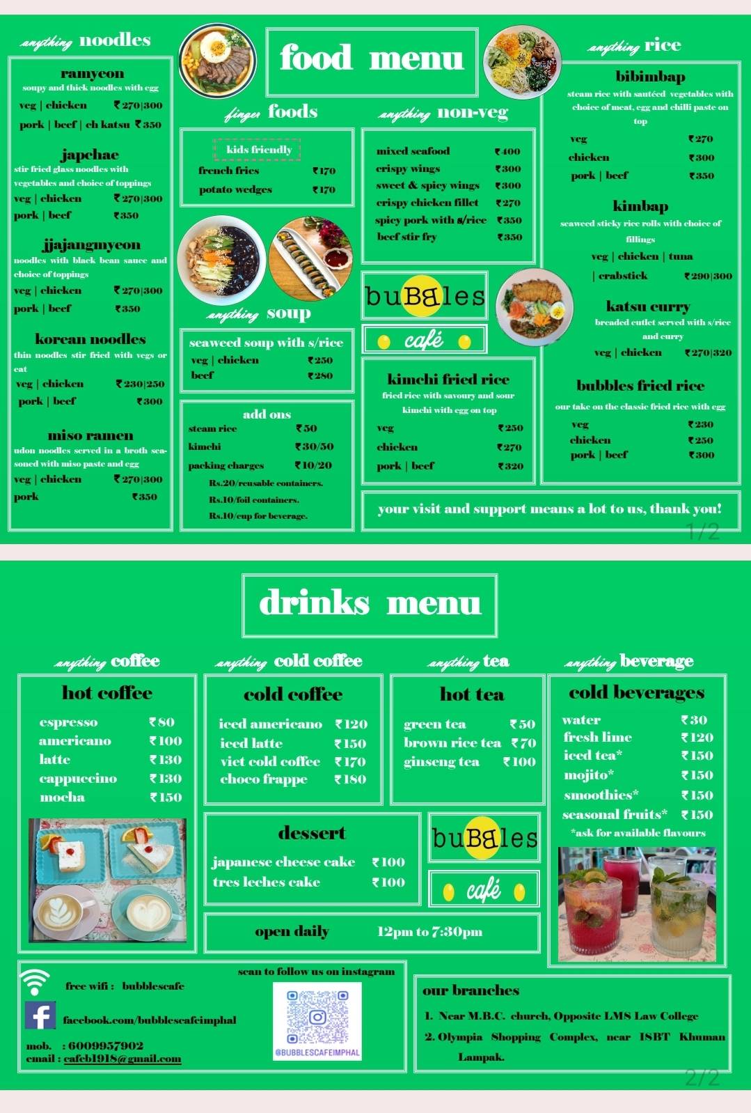 Bubbles Cafe' menu