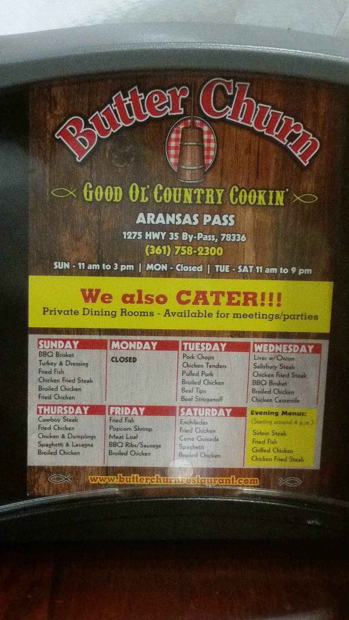 Menu at Butter Churn steakhouse, Aransas Pass, Hwy 35 Bypass