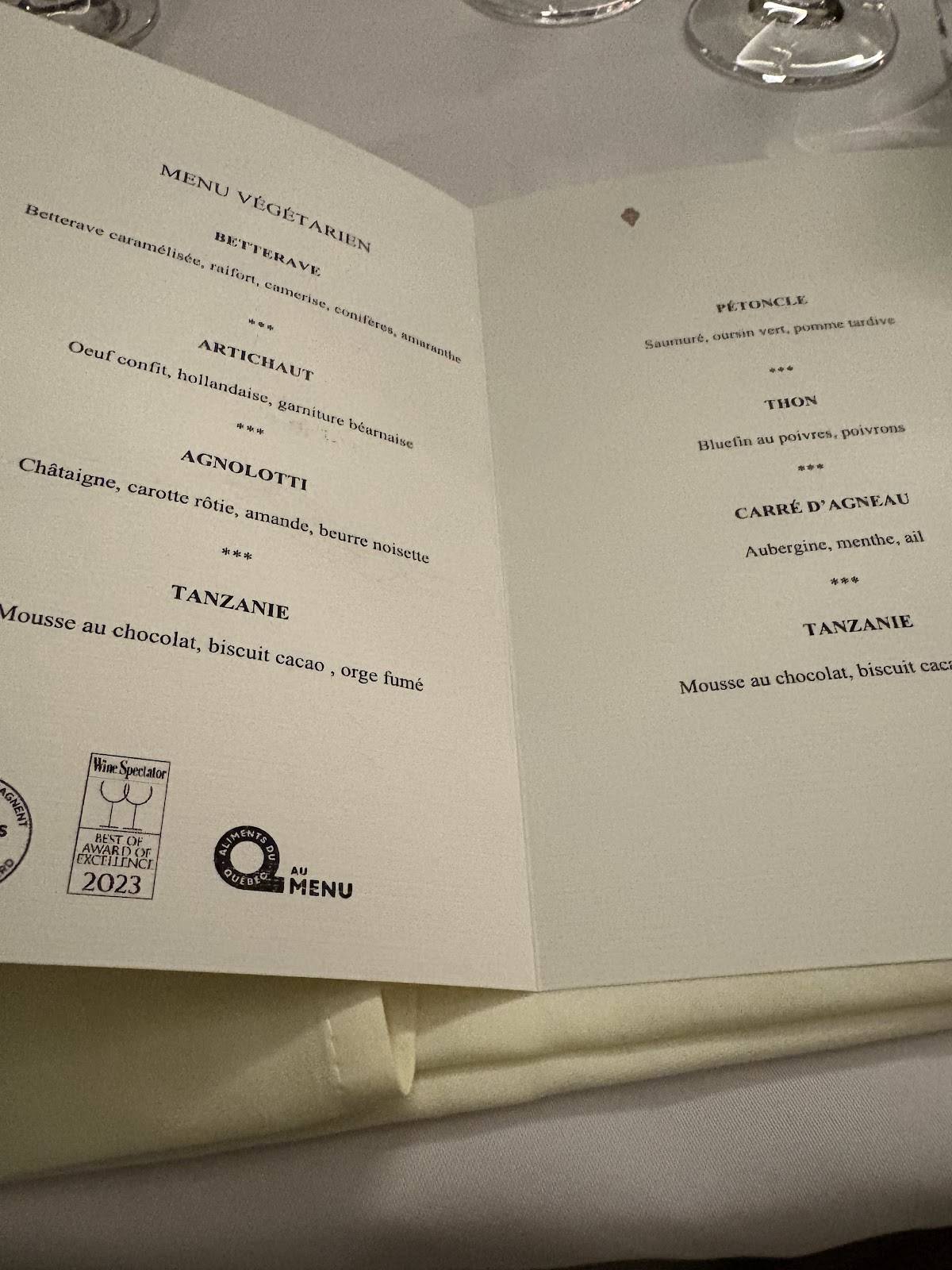 Menu de Restaurant Champlain