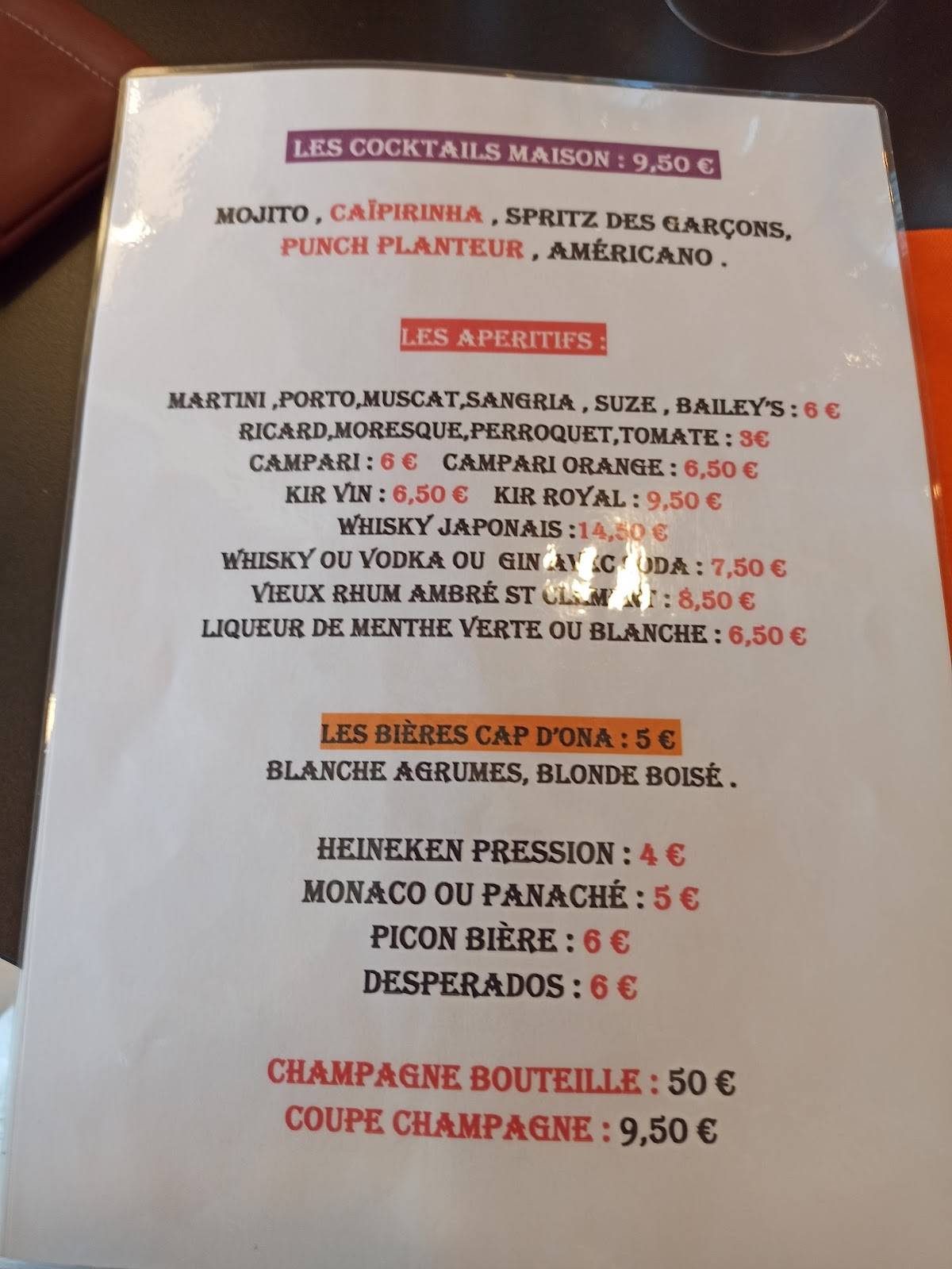 Menu de CHEZ LES GARCONS
