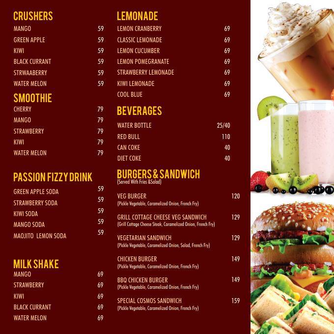 COSMOS Cafe Lounge Restaurant menu
