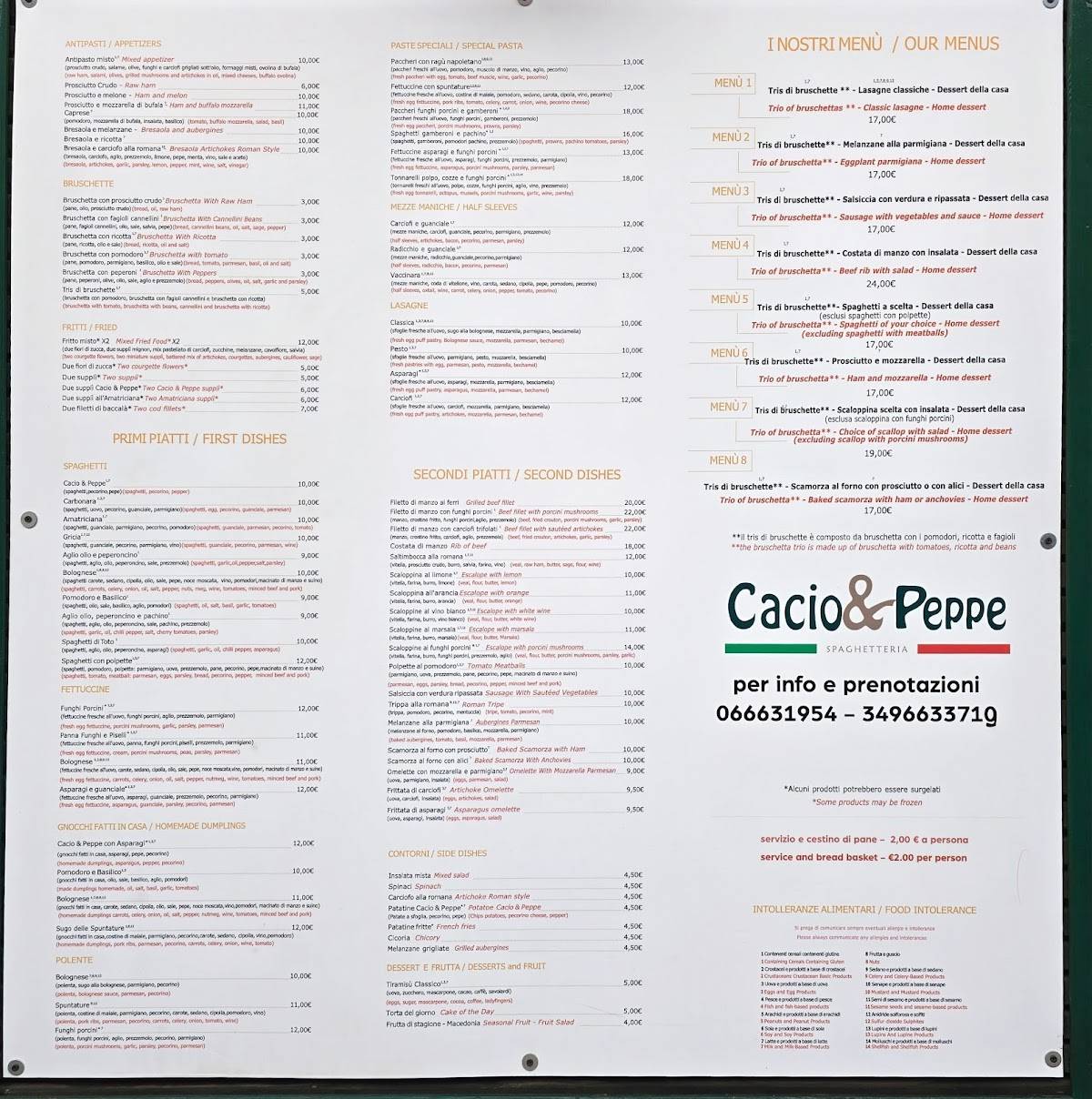 Menu de Cacio & Peppe