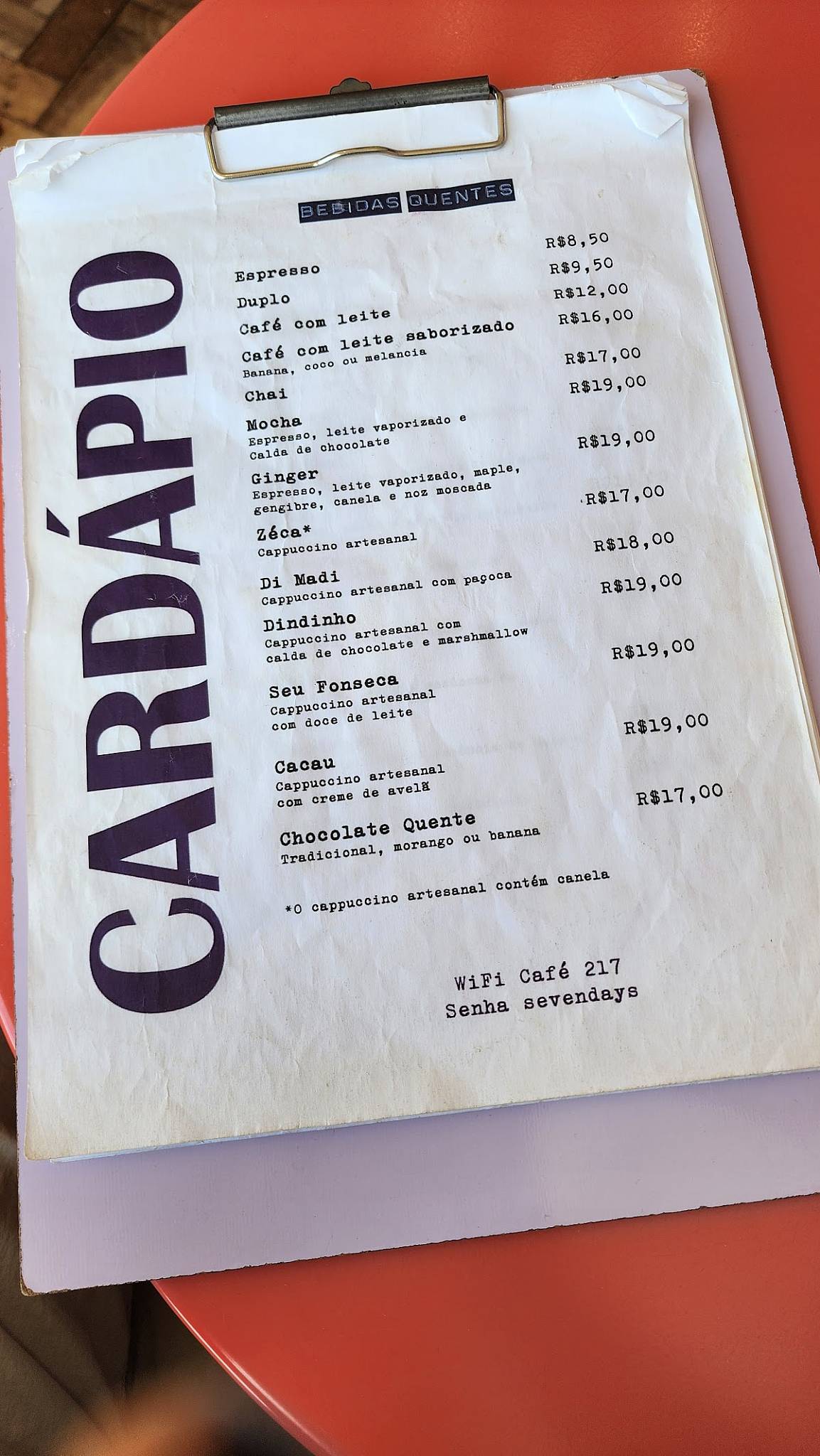 Café 217 cardápio