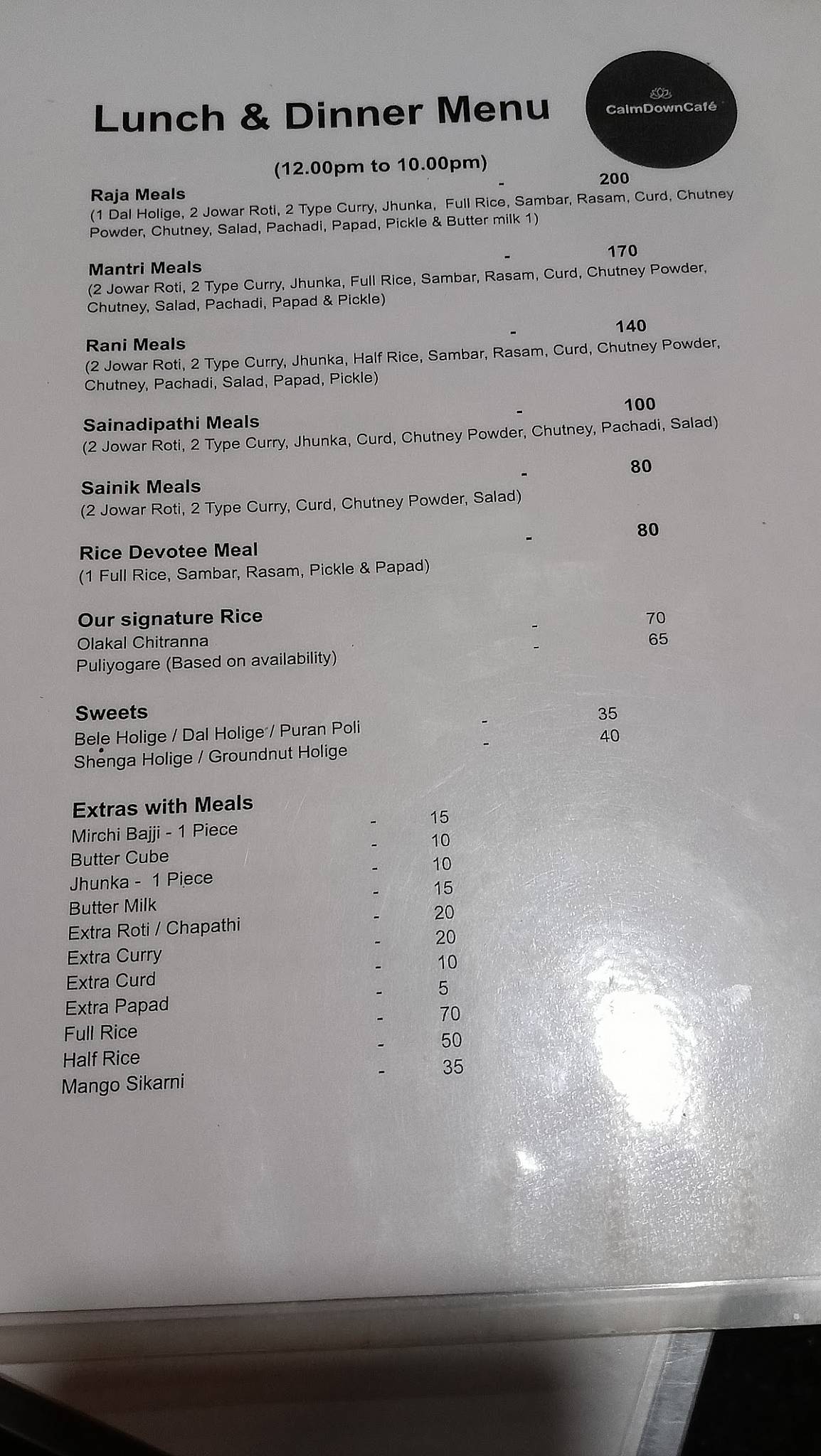 Calm Down Cafe menu
