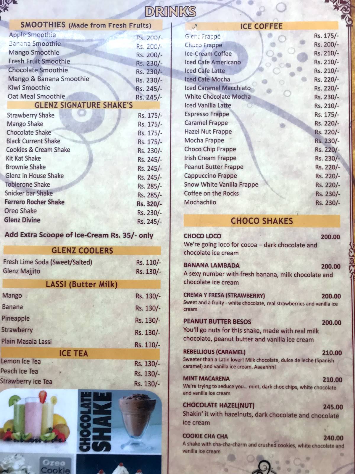 Glenz Cafe and Bakers menu