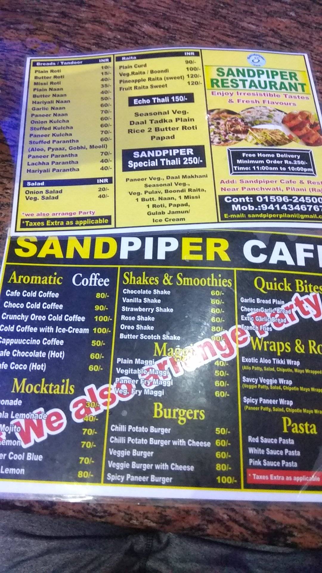 Sandpiper Cafe And Restro menu