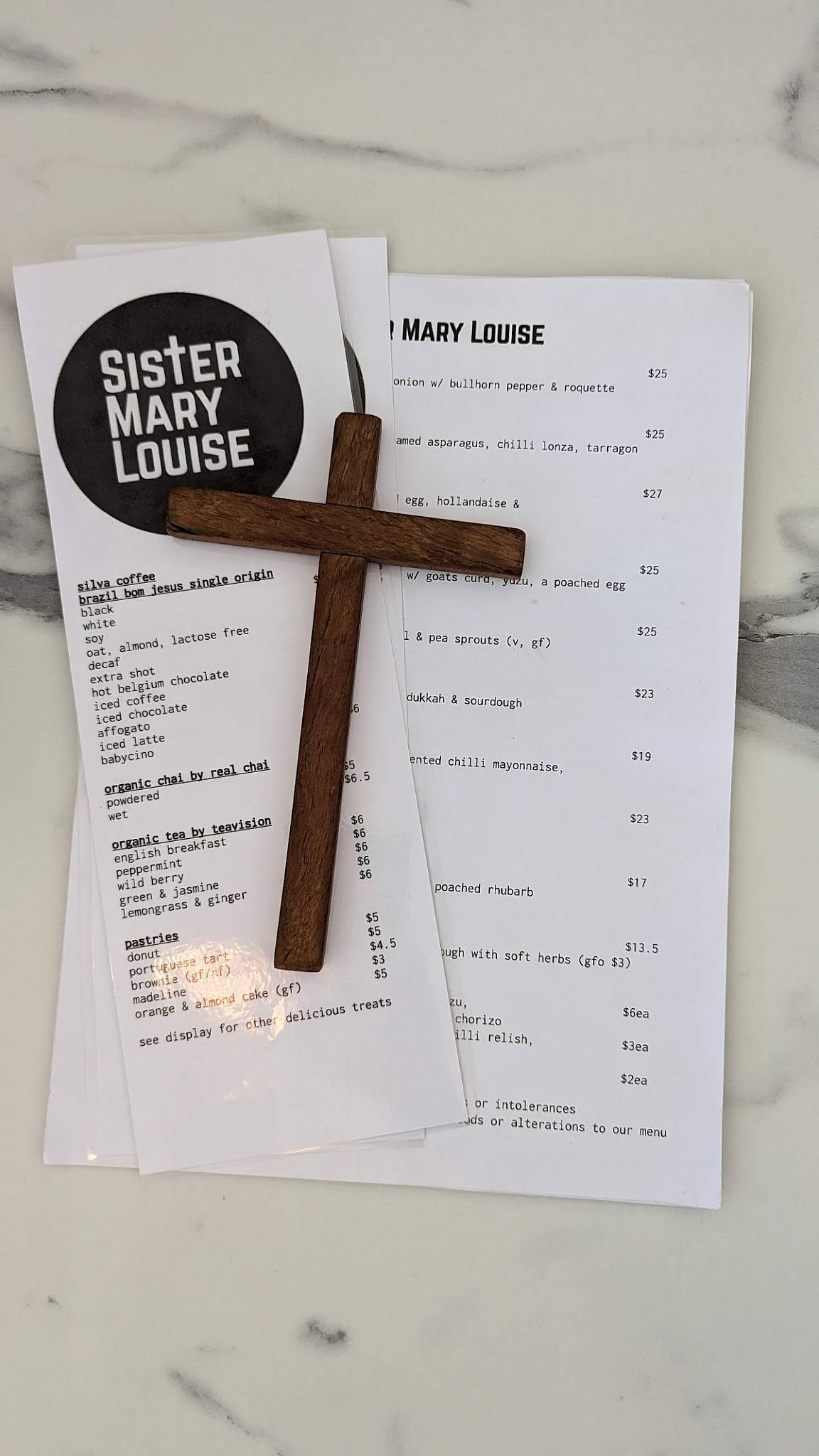 Menu at Sister Mary Louise cafe, Healesville