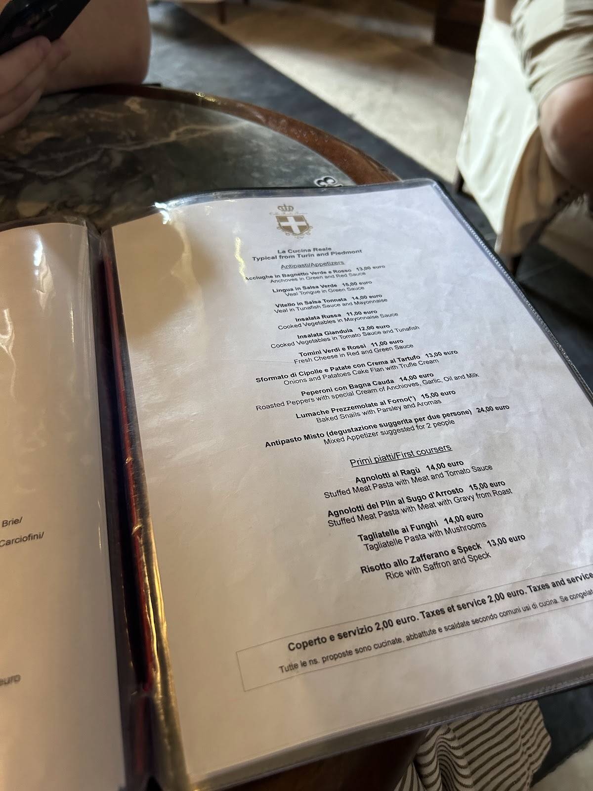 Menu di Caffè Reale Torino 