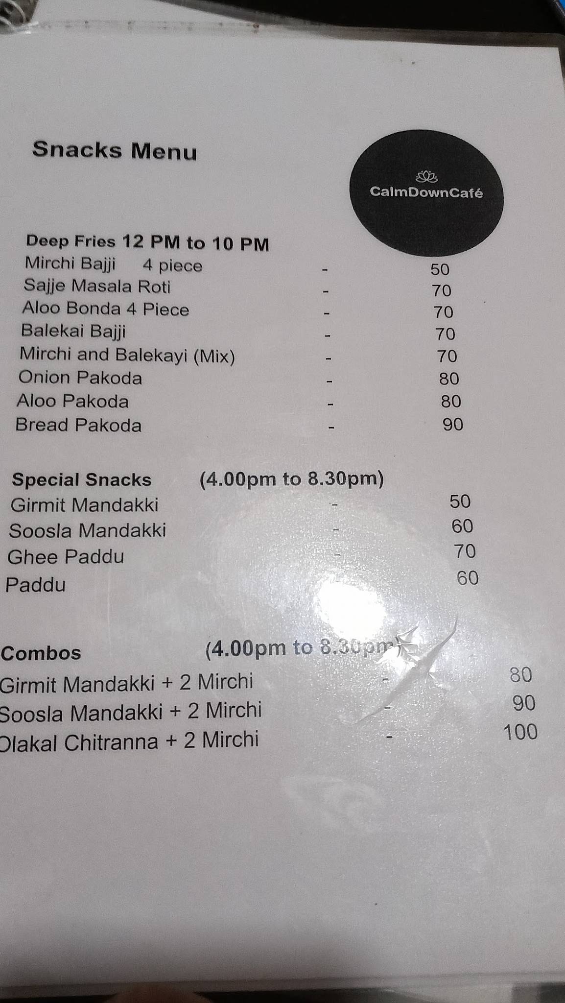Calm Down Cafe menu