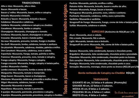 Canuttoni Pizzas cardápio