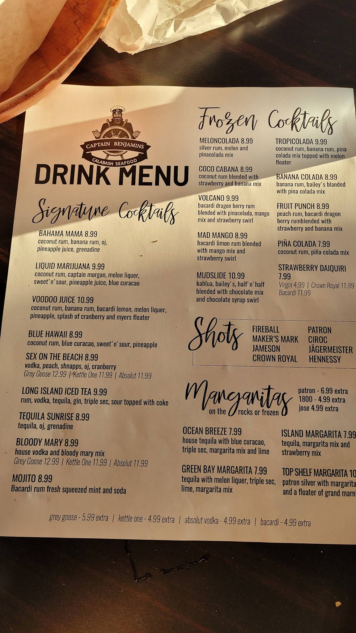 Menu at Captain Benjamin's Calabash Seafood Buffet restaurant, Myrtle
