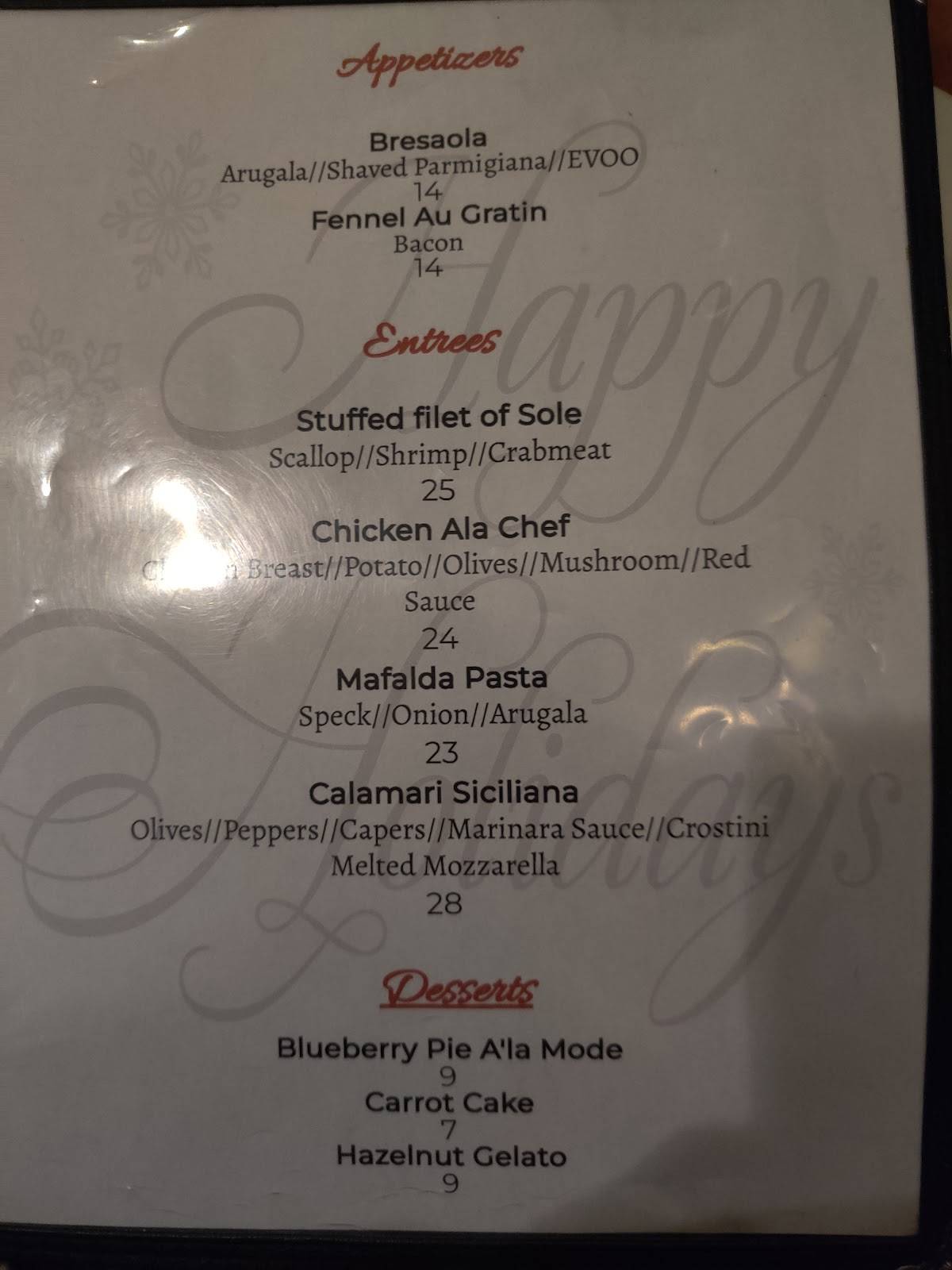 Menu at Carlo's restaurant, Yonkers