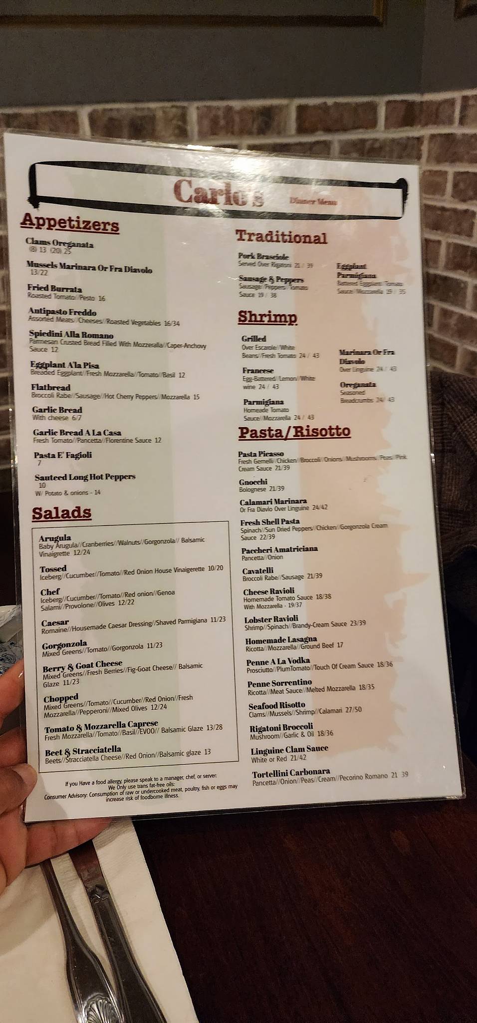 Menu at Carlo's restaurant, Yonkers