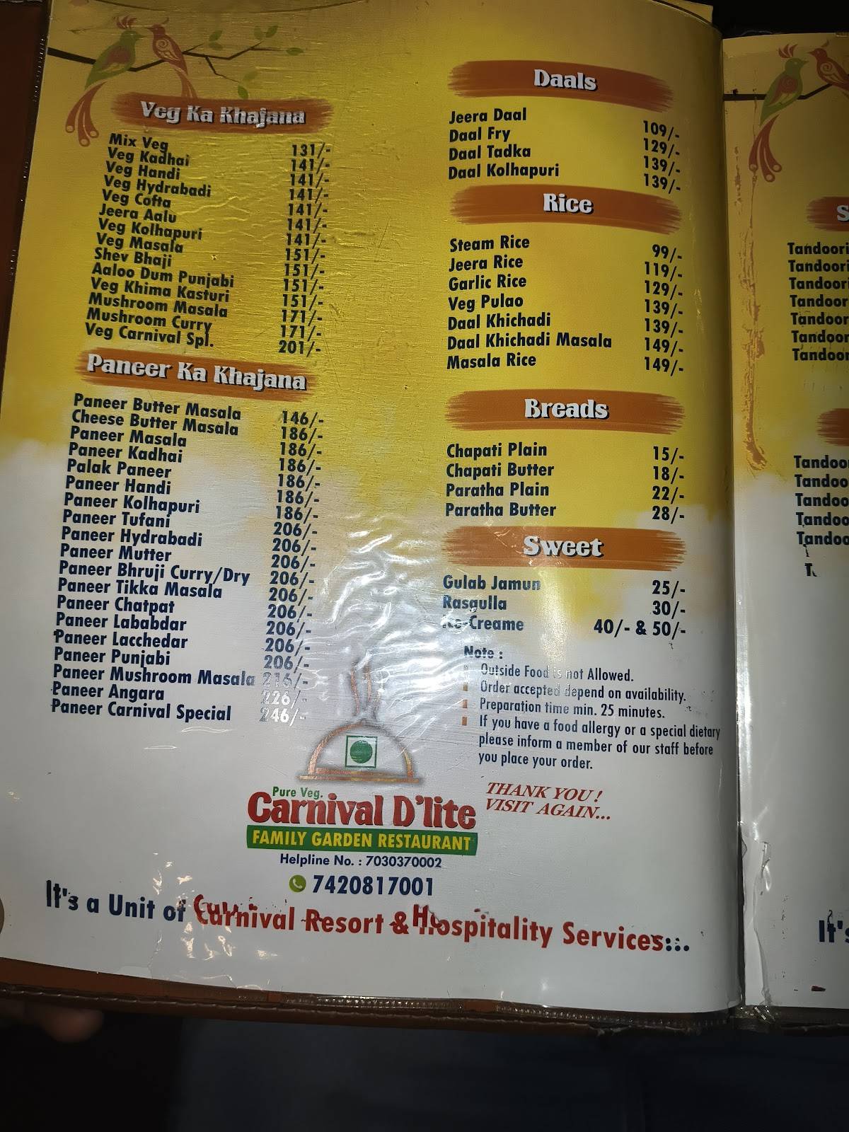 Carnival Dlite menu