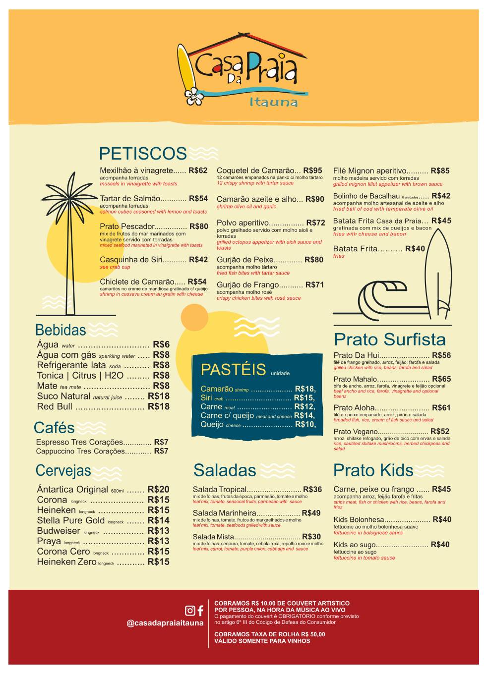 Casa da Praia Itaúna cardápio
