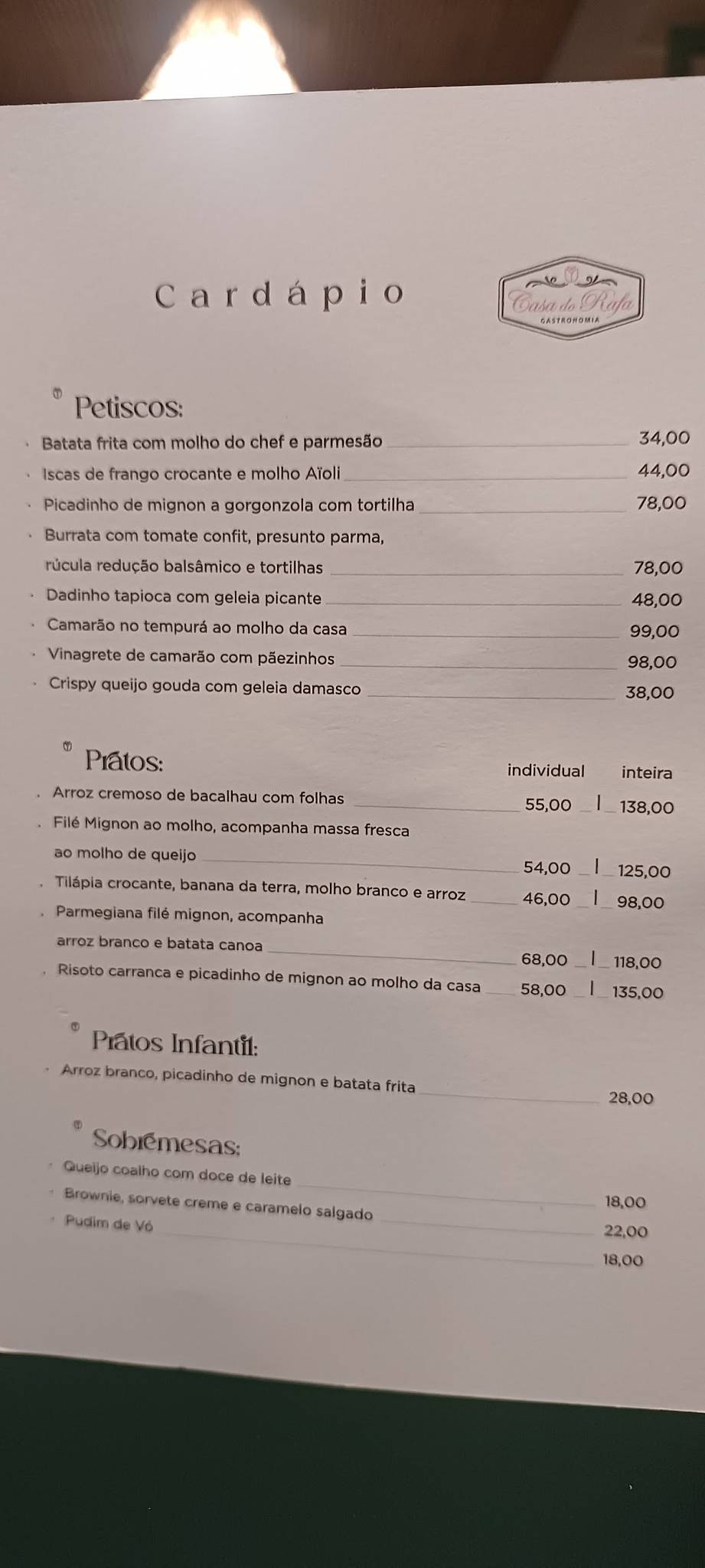Casa do Rafa gastronomia cardápio