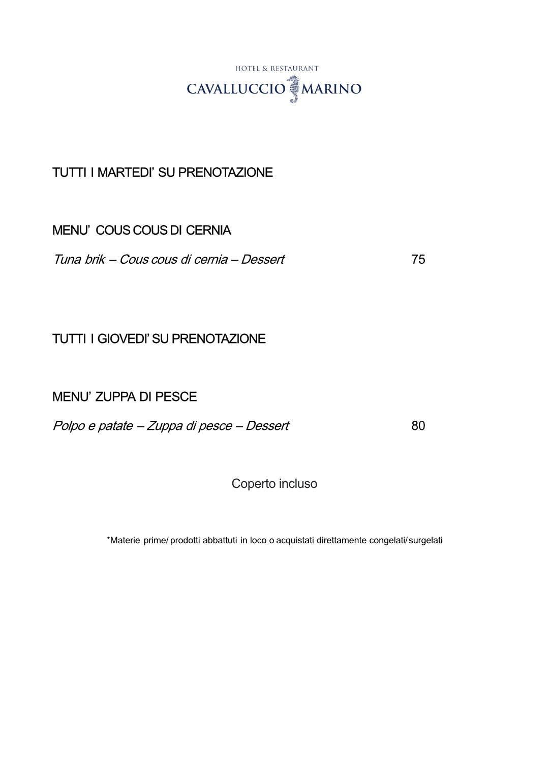 Menu di Cavalluccio Marino Hotel & Ristorante Lampedusa 