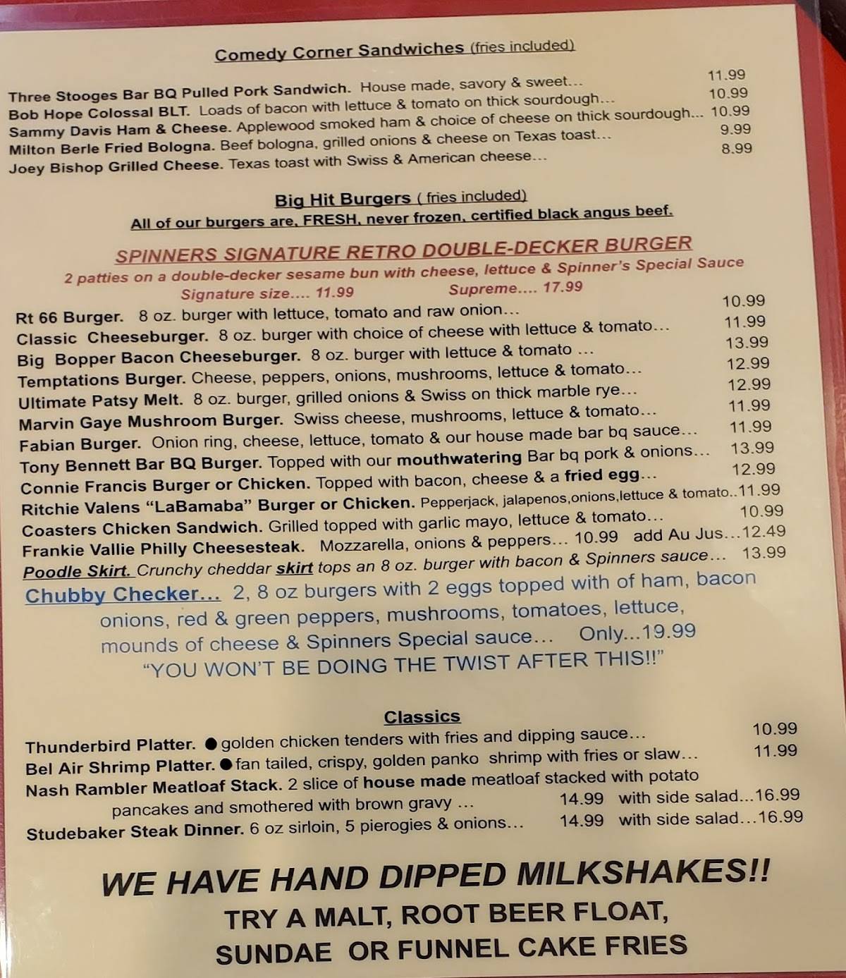 Menu at Spinner's Good Time Diner restaurant, Chardon