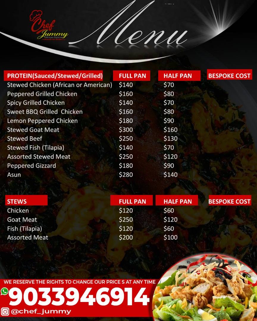Menu at Chefjummy African food catering services restaurant, Sayreville