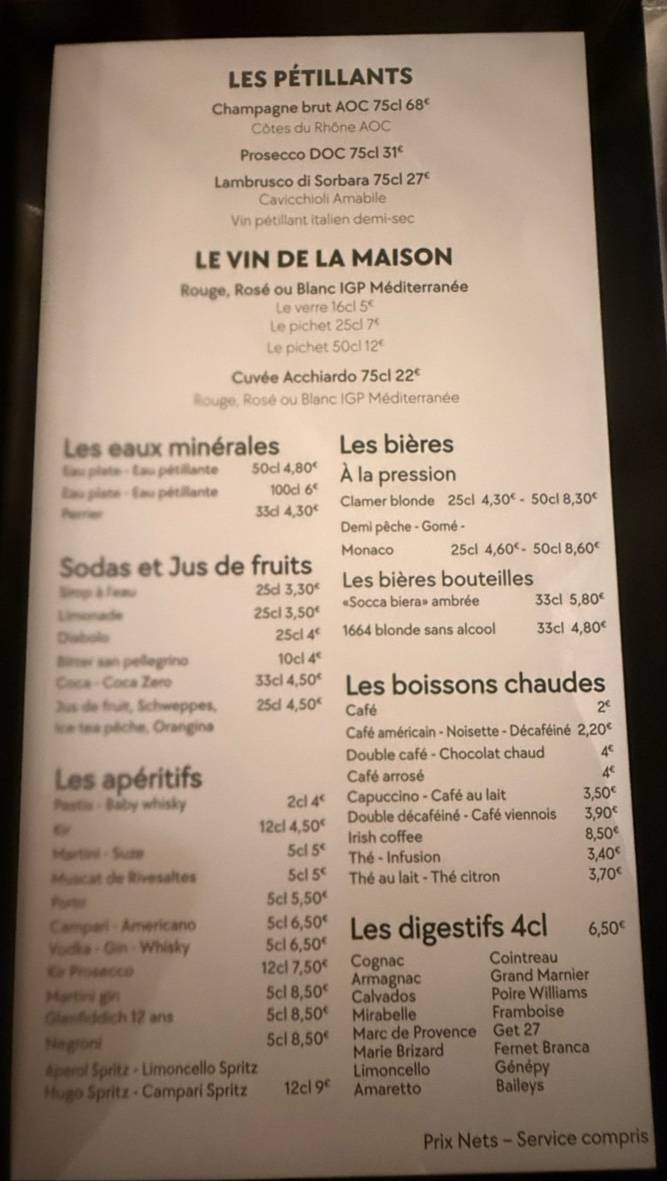 Menu de Chez Acchiardo