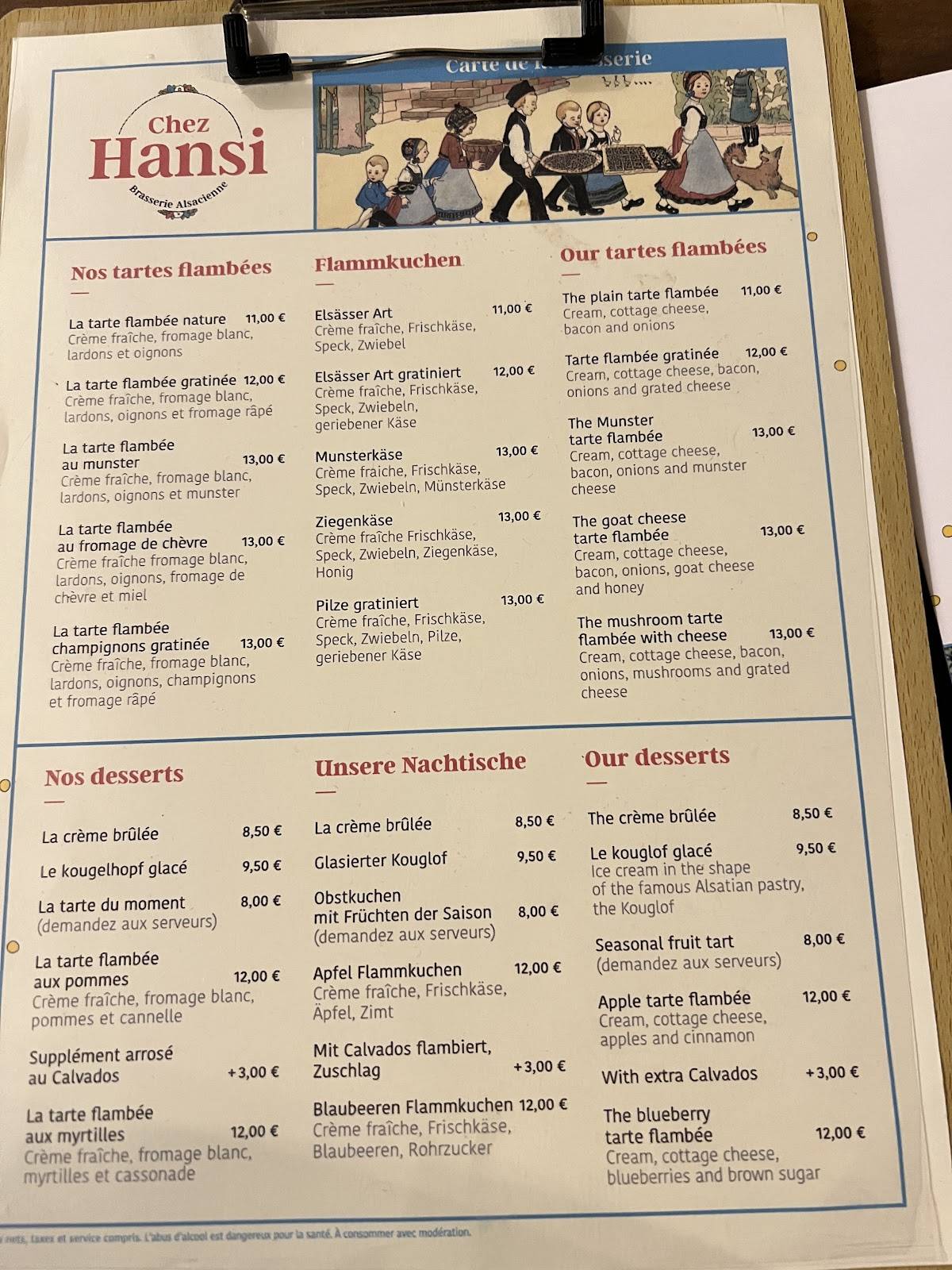 Menu de Brasserie Chez Hansi - Restaurant alsacien - COLMAR