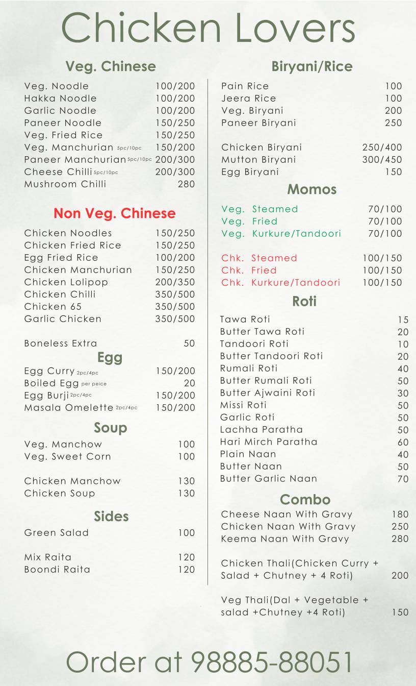 Chicken Lovers menu