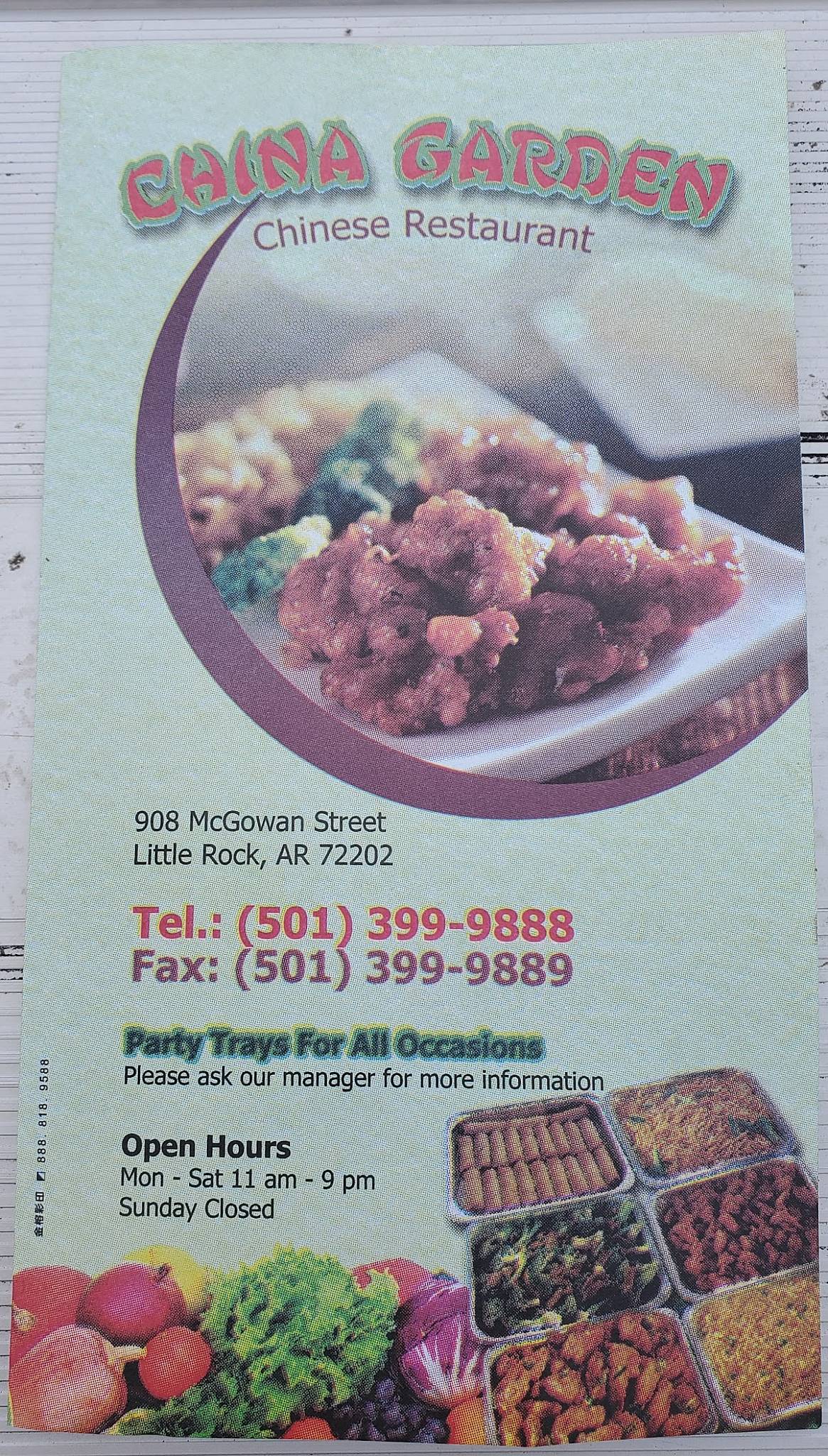 Menu at China Garden Restaurant, Little Rock