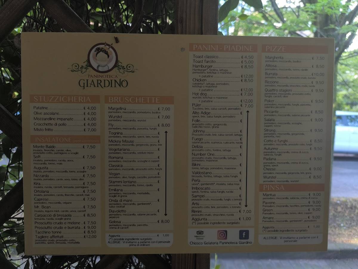 Menu di Chiosco Paninoteca Gelateria Giardino 