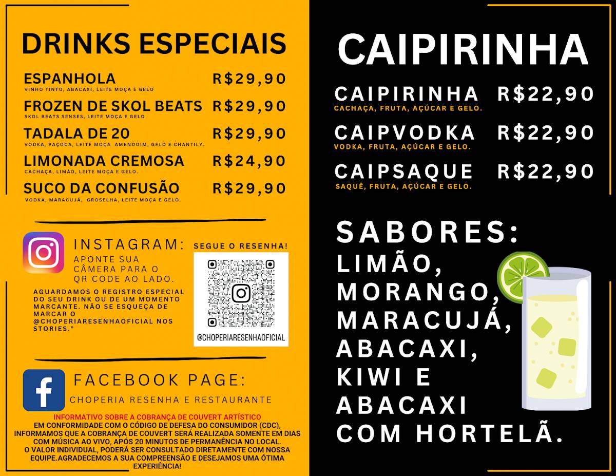 Choperia Resenha e Restaurante cardápio