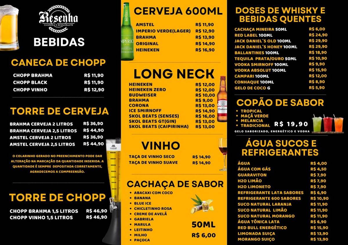Choperia Resenha e Restaurante cardápio