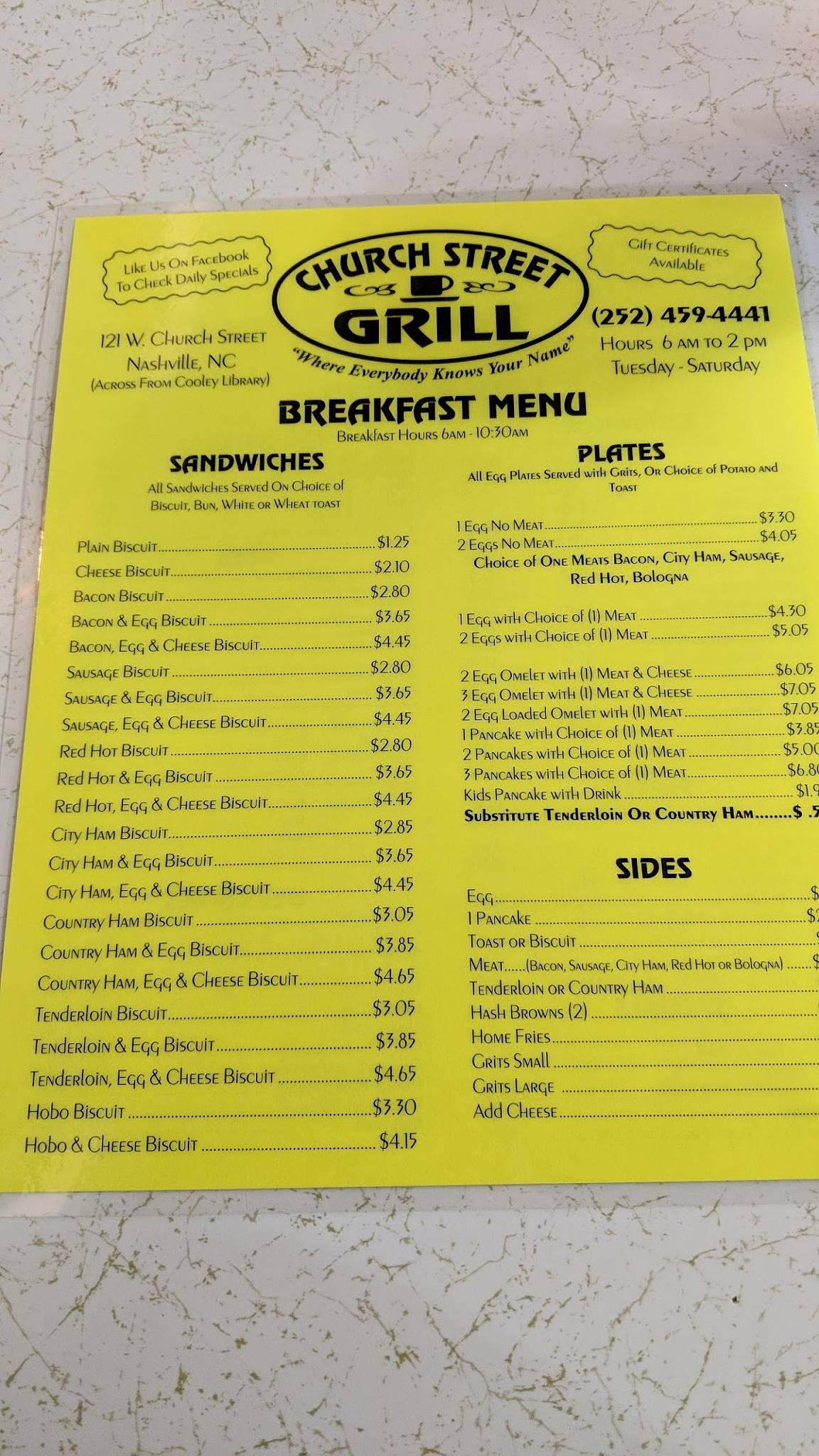 Menu at Church Street Grill restaurant, Nashville