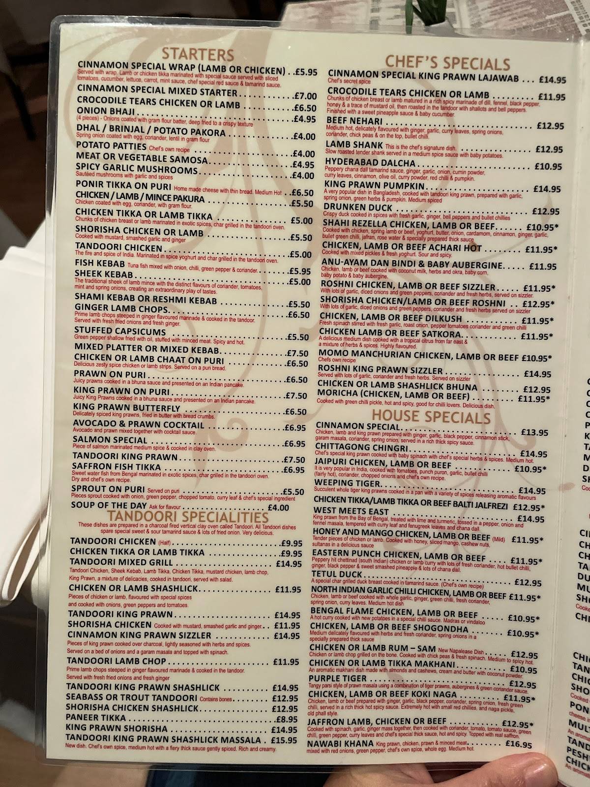 Menu at Cinnamon restaurant, Harpenden