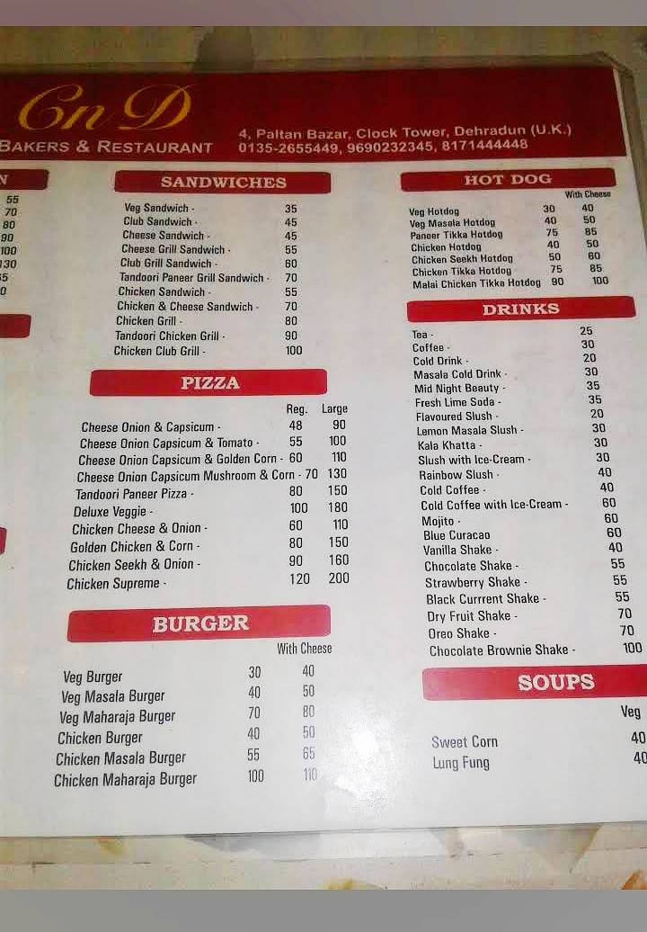 CnD Bakers & Restaurant menu