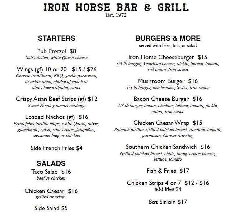 Menu at Iron Horse pub & bar, Coeur d'Alene