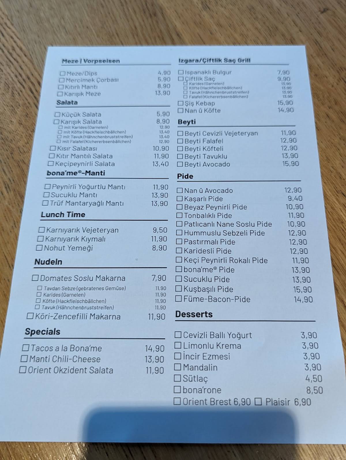 Menu de bona'me Köln-Rheinauhafen