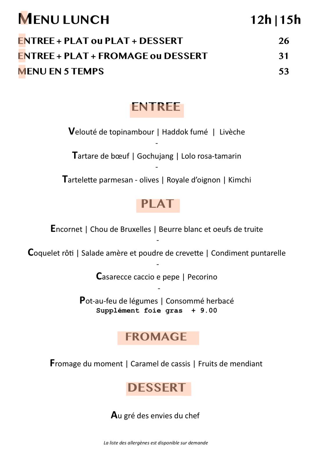 Menu de Colorova Pâtisserie