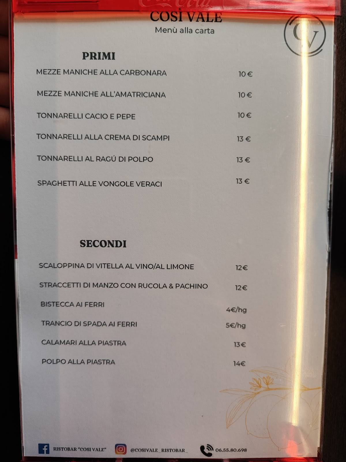 Menu di Ristorante Pizzeria Così Vale 