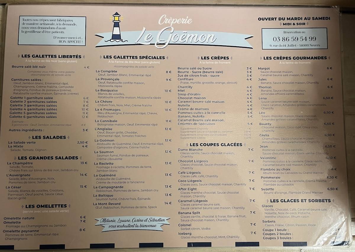 Menu de Creperie Le Goémon