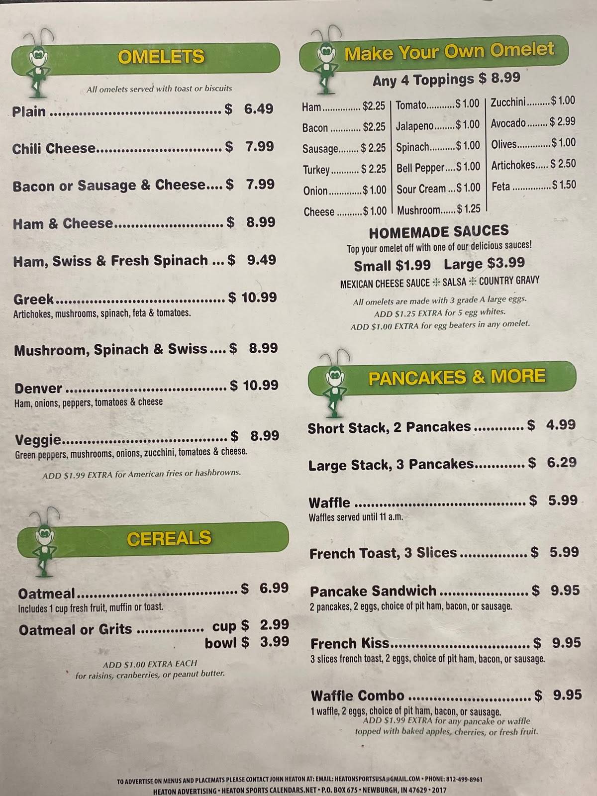 Menu at CrossEyed Cricket Family Restaurant, Evansville