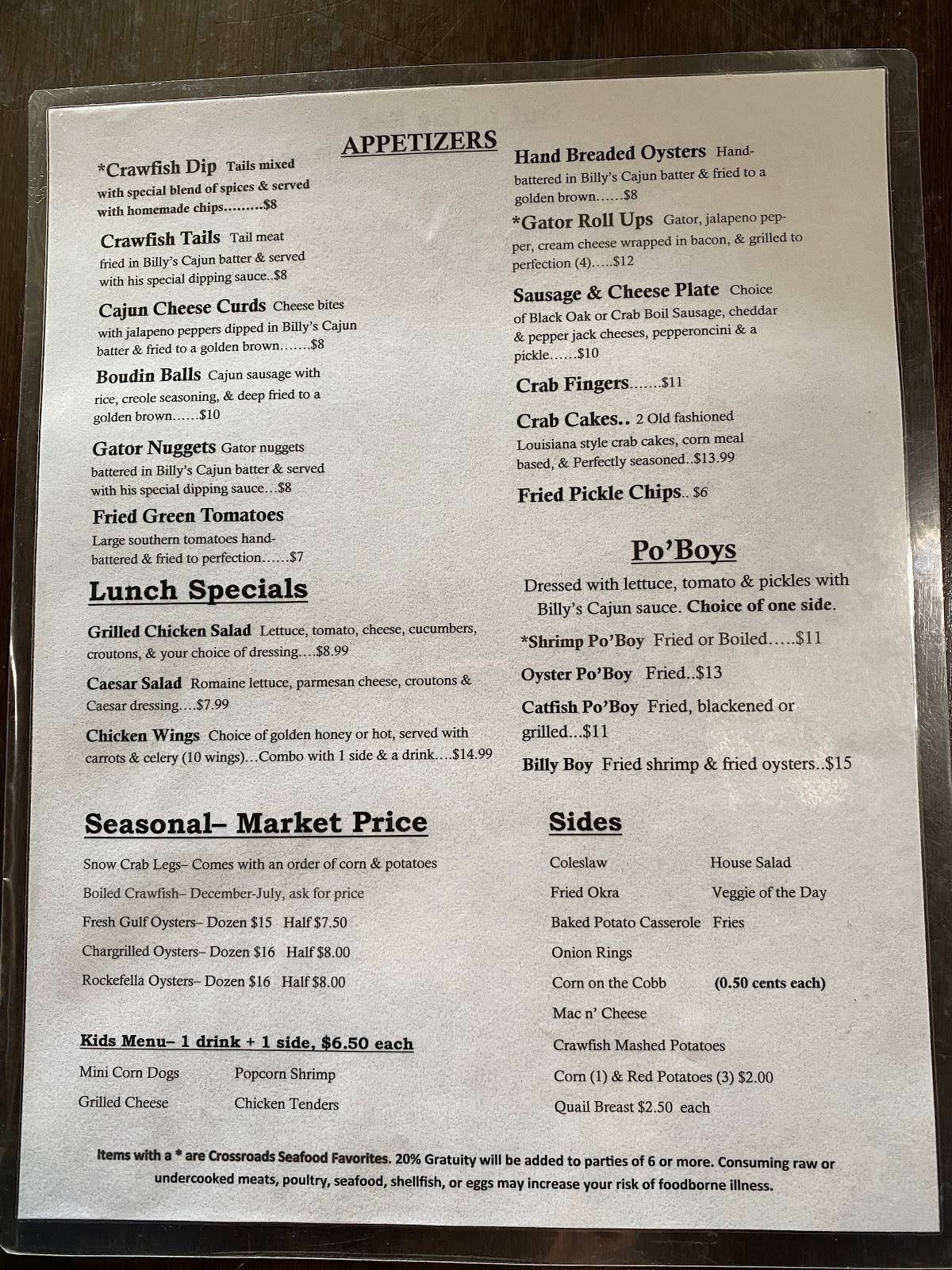 Menu at Crossroads Seafood restaurant, Hernando