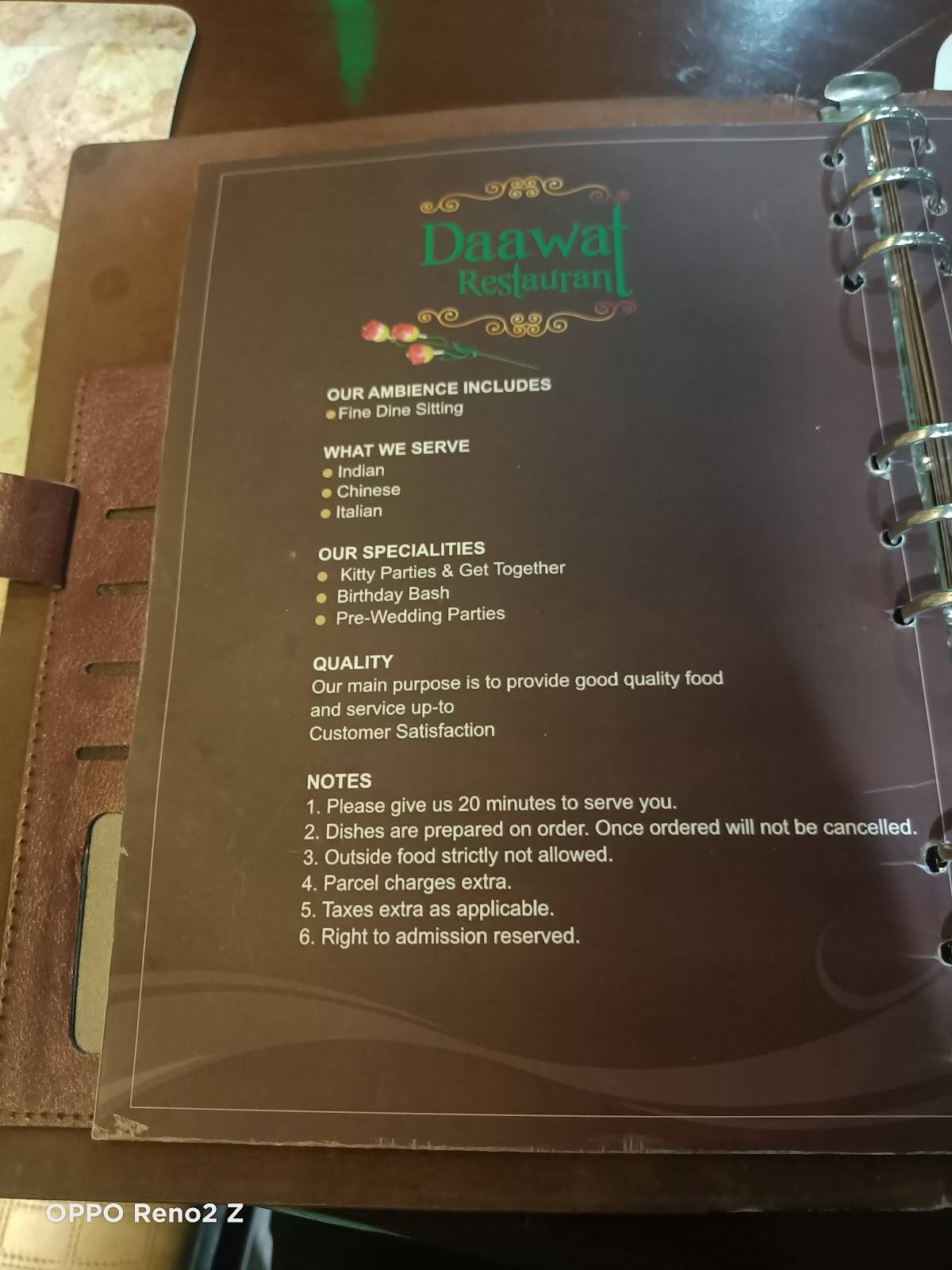 Dawat Restaurant menu