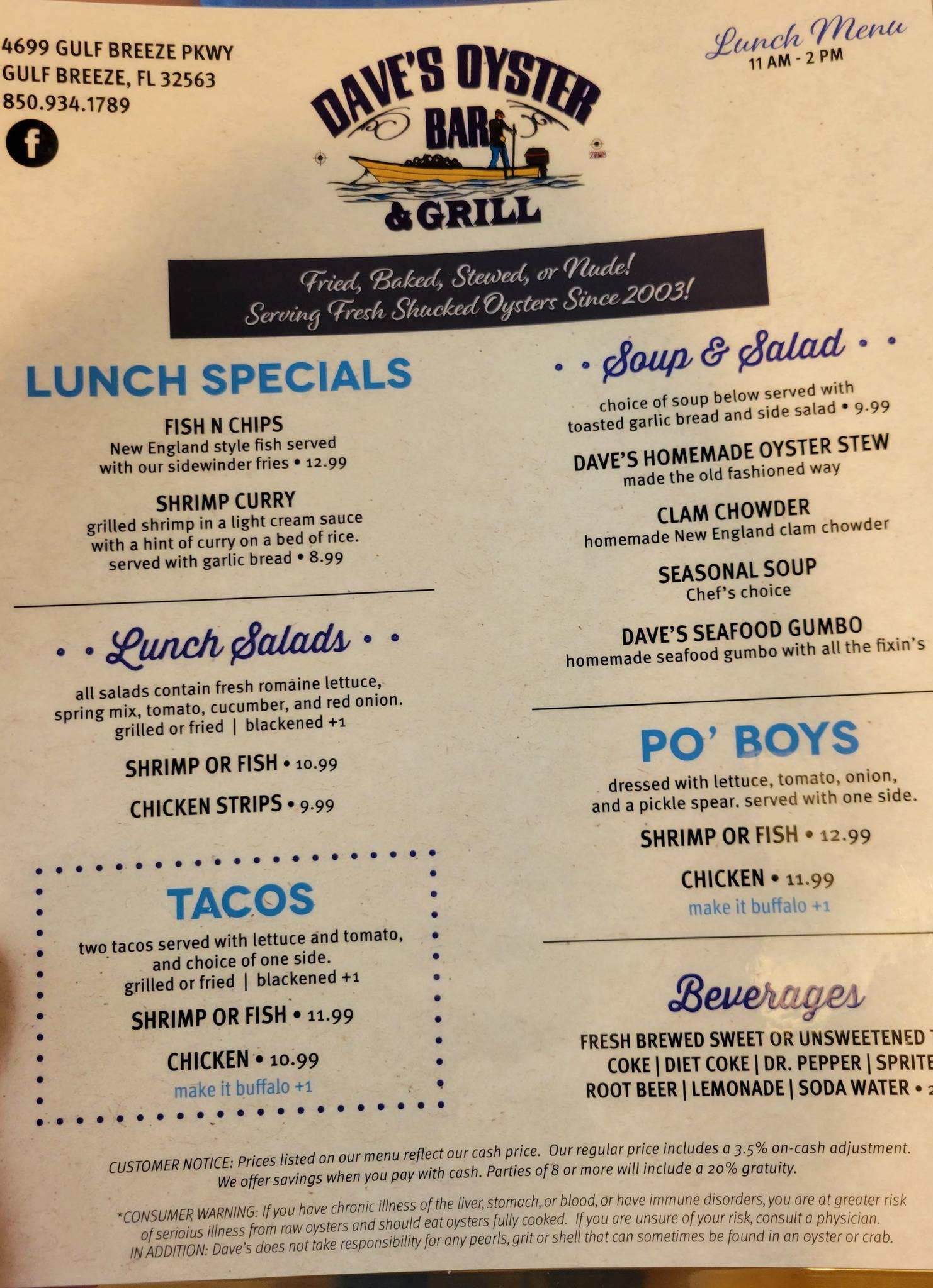 Menu at Dave's Oyster Bar and Grill, Pensacola Beach, Gulf Breeze Pkwy