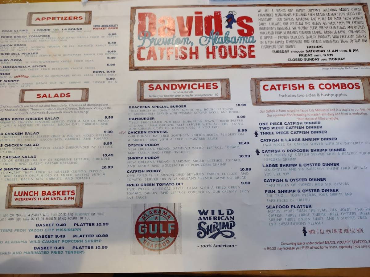 Menu at David's Catfish House Brewton restaurant, Brewton