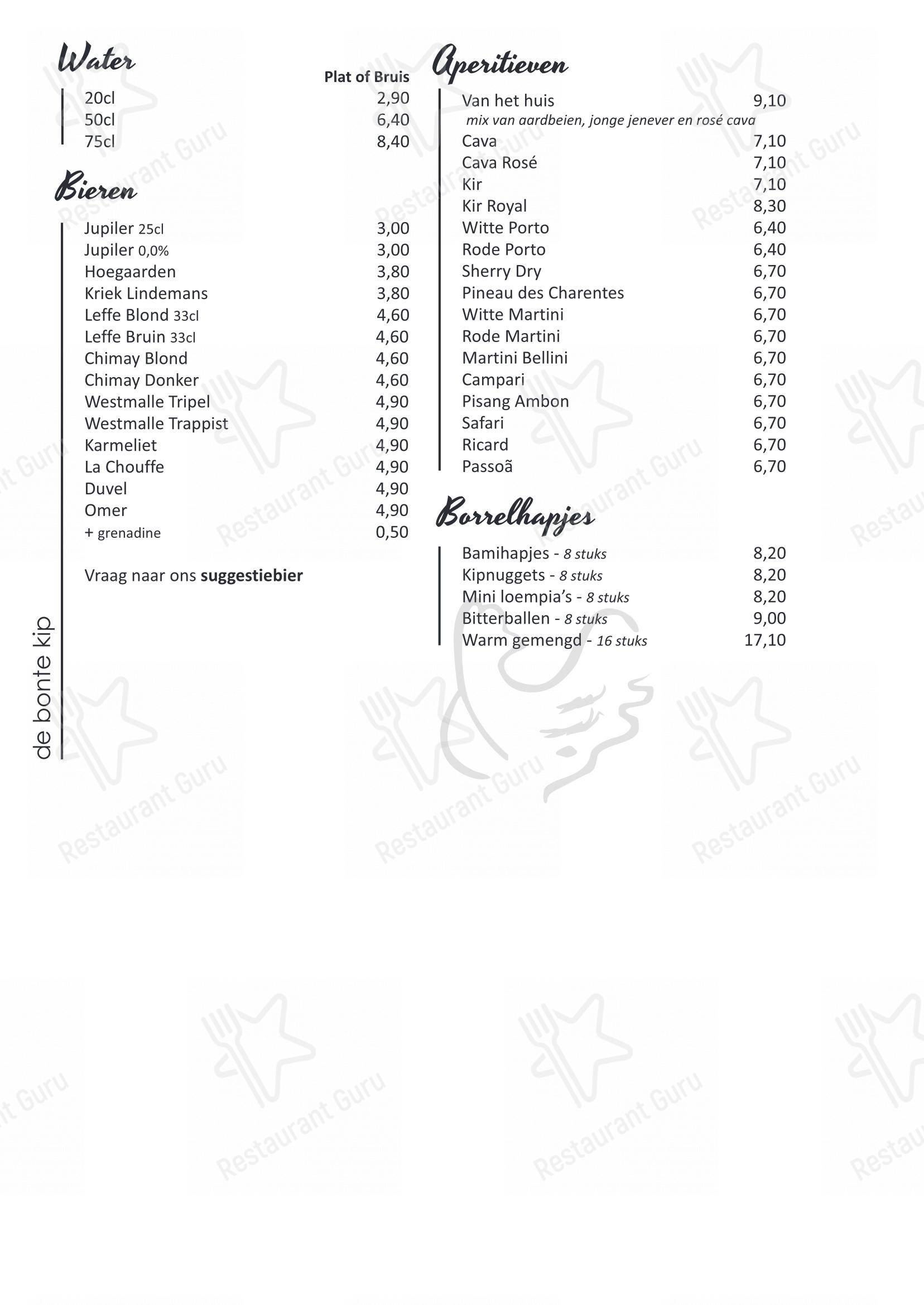 Menu pour De Bonte Kip, Restaurant - Menu bar