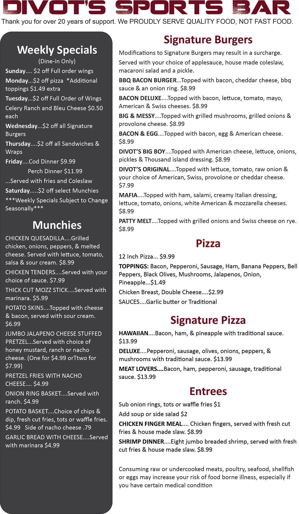 Menu at Divot's Sports Bar, North Royalton, York Rd